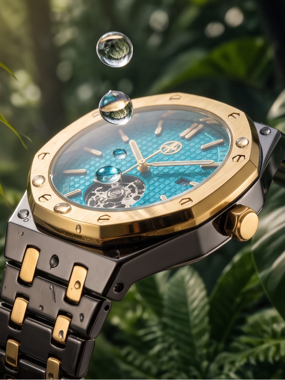 Two-Tone Gold & Black Men's Wristwatch with Turquoise Dial